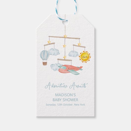 Adventure Airplane Hot Air Balloon Baby Shower  ギフトタグ (正面)