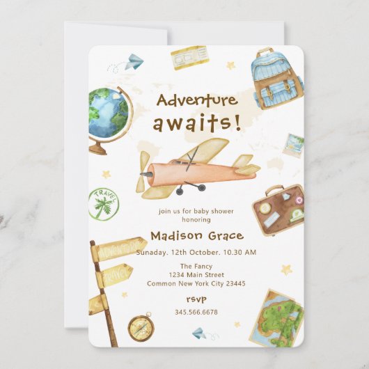 Adventure Around The World Airplane Baby Shower 招待状 (正面)