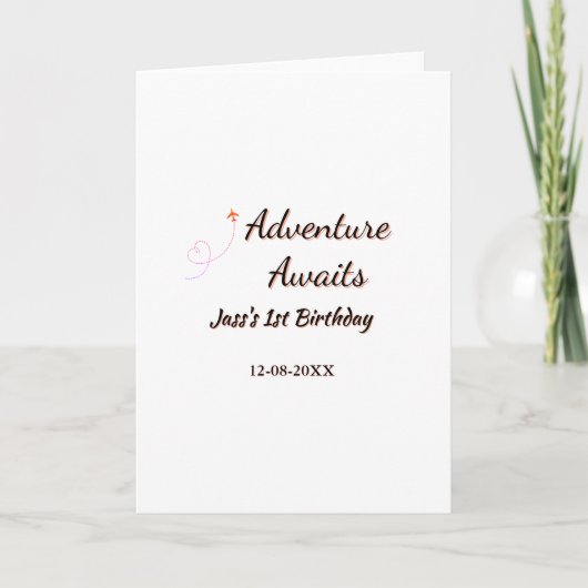 Adventure awaits 1st birthday name date planeretro カード (正面)