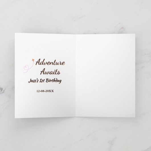 Adventure awaits 1st birthday name date planeretro カード (内部)