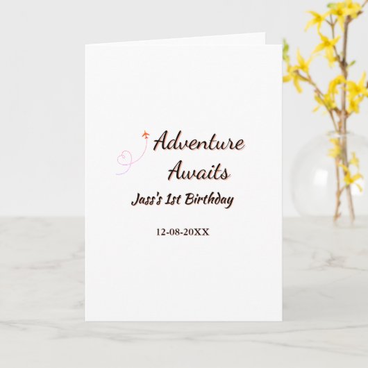 Adventure awaits 1st birthday name date planeretro カード (黄色い花)
