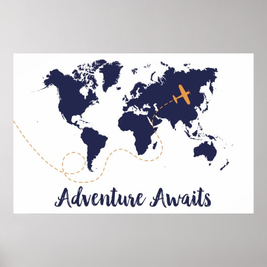 Adventure Awaits, Airplane Print, World Map Print ポスター (正面)