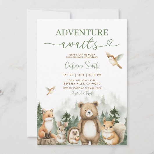 Adventure Awaits Animal Woodland Tree Baby Shower 招待状 (正面)