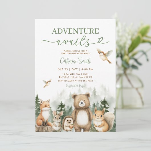Adventure Awaits Animal Woodland Tree Baby Shower 招待状 (スタンド正面)