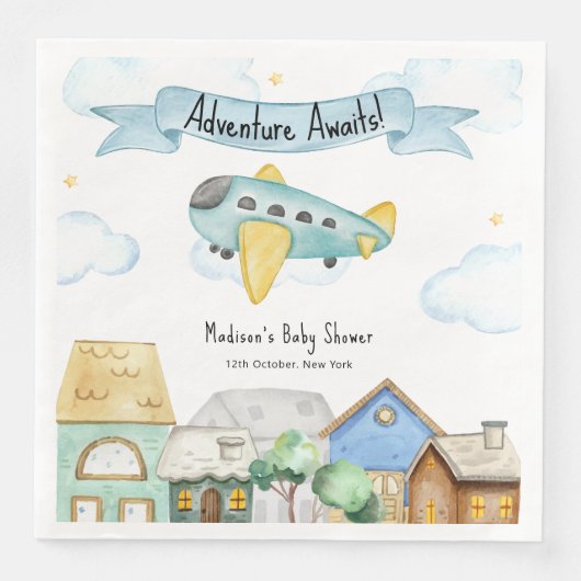 Adventure Awaits Aviator Airplane Baby Shower  (正面)