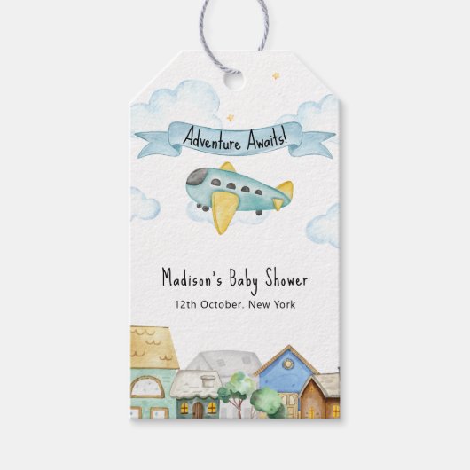 Adventure Awaits Aviator Airplane Baby Shower  ギフトタグ (正面)