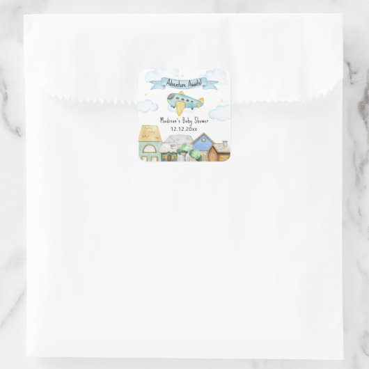 Adventure Awaits Aviator Airplane Baby Shower スクエアシール (バッグ)