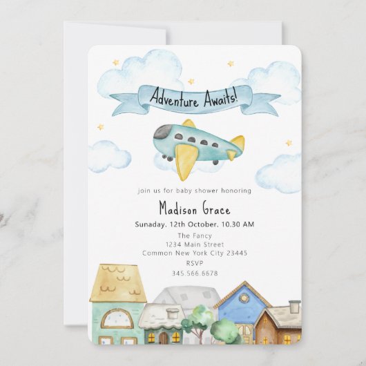 Adventure Awaits Aviator Airplane Baby Shower 招待状 (正面)