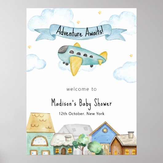 Adventure Awaits Aviator City Baby Shower Welcome ポスター (正面)