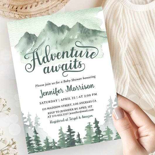 Adventure Awaits Baby Shower Rustic Green Mountain 招待状