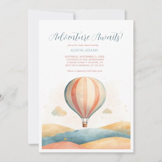Adventure Awaits Balloon Baby Shower Invitation 招待状 (正面)