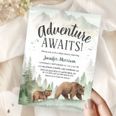 Adventure Awaits Bear Forest Woodland Baby Shower 招待状
