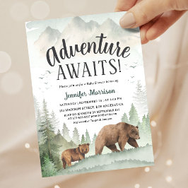 Adventure Awaits Bear Forest Woodland Baby Shower 招待状