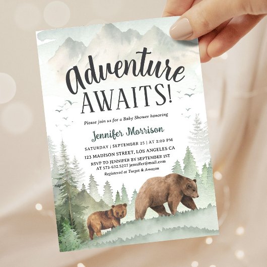 Adventure Awaits Bear Forest Woodland Baby Shower 招待状