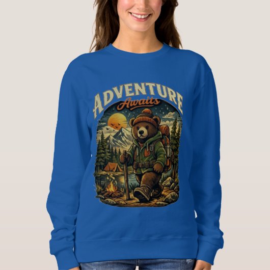 Adventure Awaits Bear Hiking Camping Vintage Hoodi スウェットシャツ (正面)
