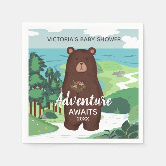 Adventure Awaits Brown Bear Landscape Baby Shower スタンダードカクテルナプキン (正面)