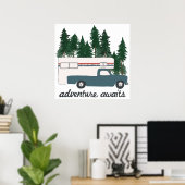 Adventure Awaits Camping Truck Camper Art ポスター (ホームオフィス)