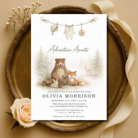 Adventure Awaits Clothesline Woodland Baby Shower 招待状