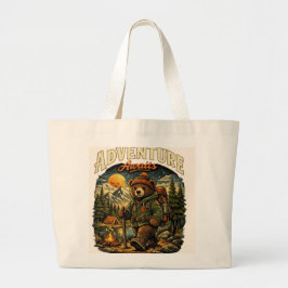 Adventure Awaits - Cute Hiking Bear Vintage Illust ラージトートバッグ