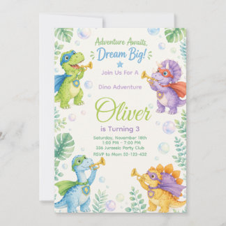 Adventure Awaits Dream Big Dinosaur Birthday 招待状