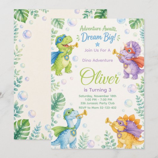 Adventure Awaits Dream Big Dinosaur Birthday 招待状 (正面/裏面)