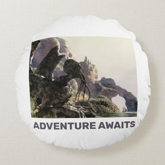 Adventure Awaits. Fantasy landscape ラウンドクッション (正面)