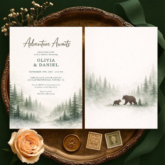 Adventure Awaits Forest Baby Shower 招待状