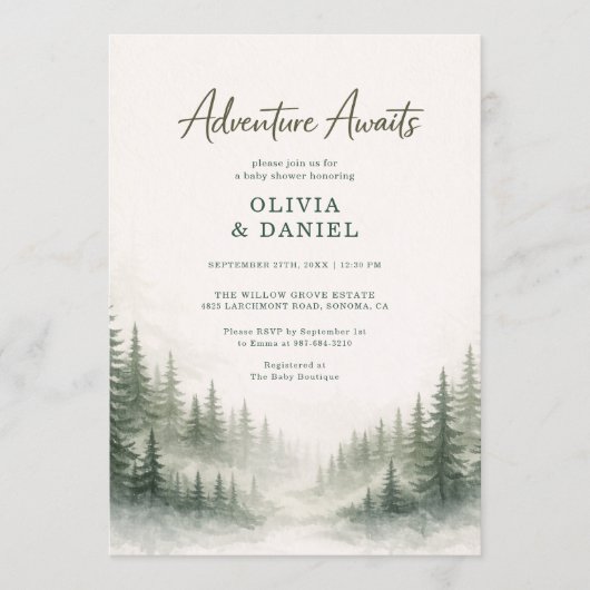 Adventure Awaits Forest Couples Baby Shower 招待状 (正面)