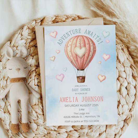 Adventure Awaits Hot Air Balloon Baby Shower 招待状