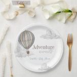 Adventure Awaits Hot Air Balloon Boy Baby Shower ペーパープレート<br><div class="desc">This boho chic "Adventure Awaits" boy's baby shower paper plate features a blue hot air balloon and clouds. Personalize it for your needs. You can find matching products at my store.</div>