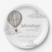 Adventure Awaits Hot Air Balloon Boy Baby Shower ペーパープレート (正面)
