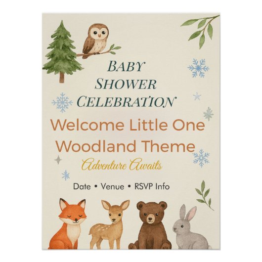 Adventure Awaits Invitation Woodland Baby Shower ポスター (正面)