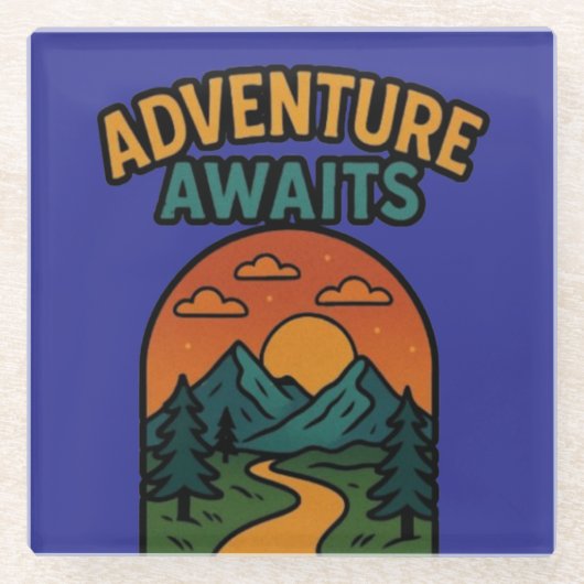 Adventure Awaits Minimalist Print - Outdoor Travel ガラスコースター (正面)