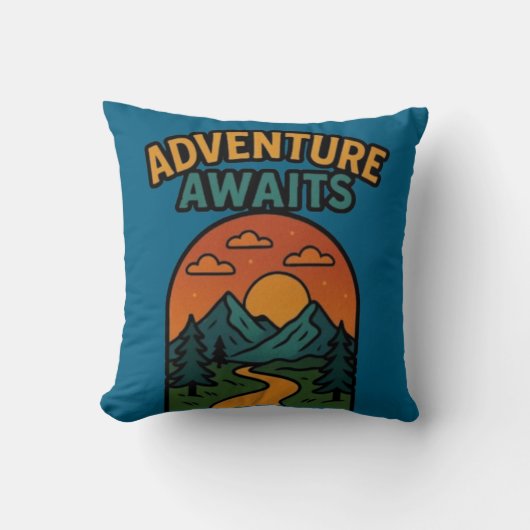 Adventure Awaits Minimalist Print - Outdoor Travel クッション (正面)