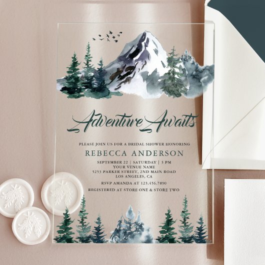 Adventure Awaits Mountain Forest Bridal Shower アクリル招待状
