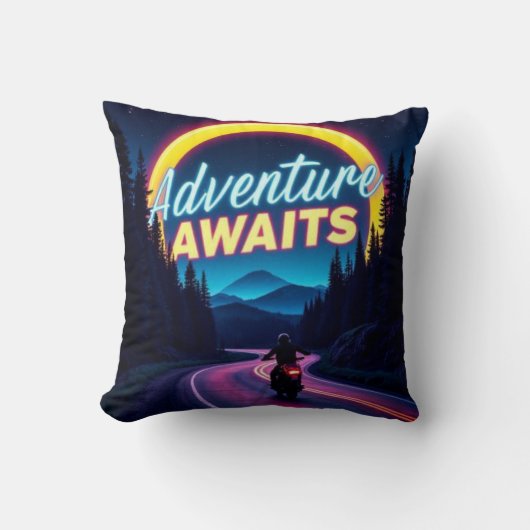 Adventure Awaits Neon Motorcycle Throw Pillow クッション (正面)