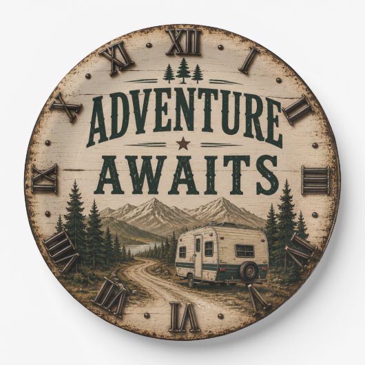 Adventure Awaits Rustic Camper Camping Mountain ペーパープレート (正面)