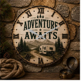 Adventure Awaits Rustic Camper Camping Mountain ラージ壁時計