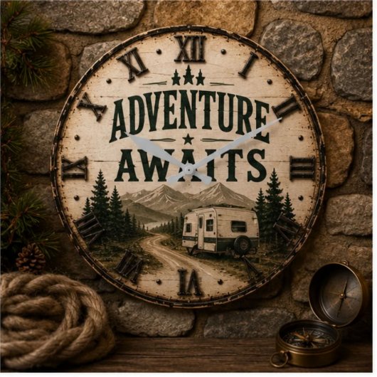 Adventure Awaits Rustic Camper Camping Mountain ラージ壁時計