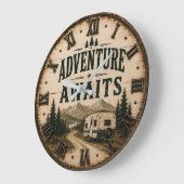 Adventure Awaits Rustic Camper Camping Mountain ラージ壁時計 (傾斜)