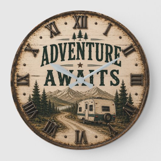 Adventure Awaits Rustic Camper Camping Mountain ラージ壁時計 (正面)