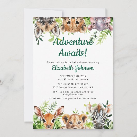 Adventure Awaits Safari Animals Baby Shower 招待状 (正面)