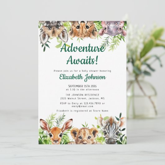 Adventure Awaits Safari Animals Baby Shower 招待状 (スタンド正面)