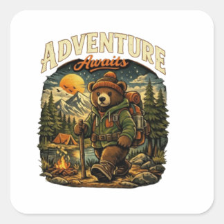 Adventure Awaits Vintage Bear Hiking Sticker スクエアシール