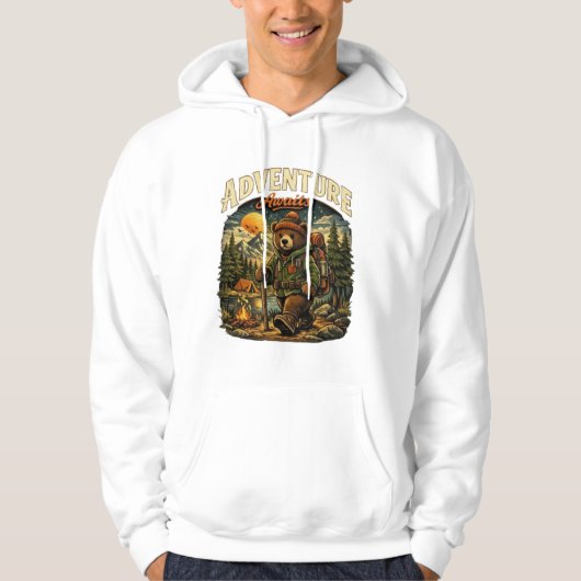 Adventure Awaits Vintage Bear Hiking White Hoodie パーカ (正面)