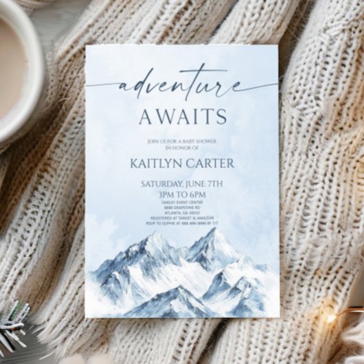 Adventure Awaits Winter Snowy Mountain Baby Shower 招待状