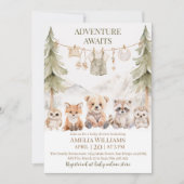 Adventure Awaits Woodland Animals Baby Shower 招待状 (正面)