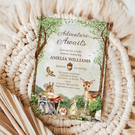 Adventure Awaits Woodland Baby Shower Forest 招待状