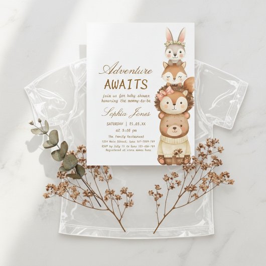 Adventure Awaits Woodland Cute Animals Baby Shower 招待状