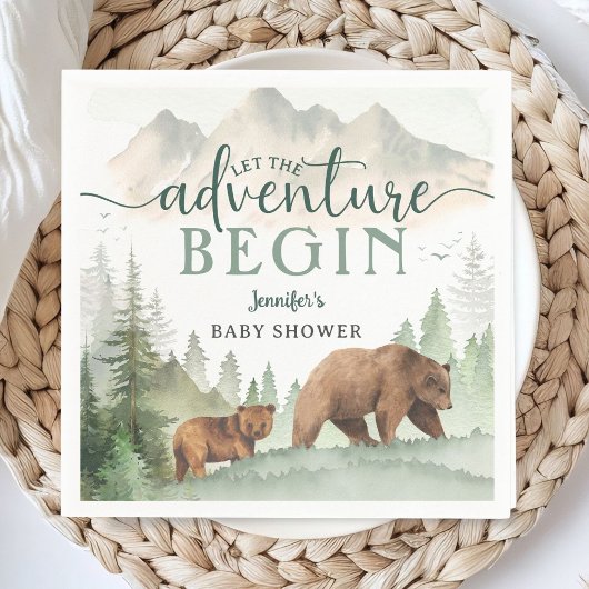 Adventure Begin Baby Shower Bear Woodland Forest スタンダードカクテルナプキン